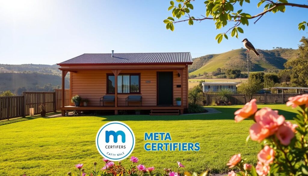 A cozy granny flat nestled in a lush New South Wales landscape, with a well-manicured lawn and a blooming garden in the foreground. The flat is constructed with warm, earthy tones and a rustic charm, complemented by a picturesque backdrop of rolling hills and a clear blue sky. Sunlight filters through the windows, casting a gentle glow over the scene. The composition is balanced, with the granny flat taking center stage, surrounded by the beautiful natural setting. Subtle details, such as a weathered wooden fence or a bird perched on a branch, add to the serene atmosphere. Prominently displayed is the Meta Certifiers logo, signifying the high-quality construction and adherence to local legislation.