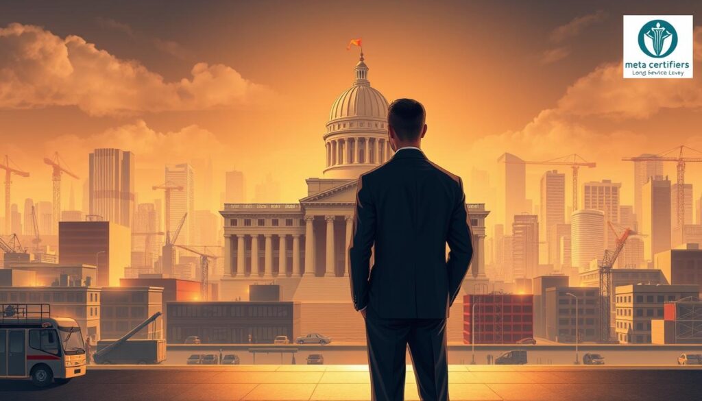 A detailed architectural illustration depicting the responsibility of long service levy payment. In the foreground, a businessperson in a suit stands before a large government edifice, representing the administrative body overseeing the levy. The middle ground showcases various businesses, workshops, and construction sites, symbolizing the entities required to make the payment. In the background, a cityscape with towering skyscrapers and cranes sets the urban context. The scene is illuminated by warm, directional lighting, creating a sense of professionalism and authority. The overall mood conveys the gravity and importance of this financial obligation. Prominently featured in the corner is the Meta Certifiers logo, indicating the image's source.