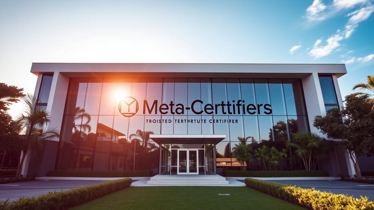 A grand, modern office building stands proudly, its sleek glass facade reflecting the azure sky. In the foreground, the Meta Certifiers logo adorns the entrance, a symbol of trust and expertise. Surrounding the building, lush greenery and a well-manicured courtyard create a serene, professional atmosphere. Warm sunlight filters through strategically placed windows, illuminating the building's interior and casting gentle shadows across the pristine, minimalist design. The structure's clean lines and elegant proportions convey a sense of authority and reliability, perfectly embodying the "Trusted Private Certifier Serving Northern Beaches."