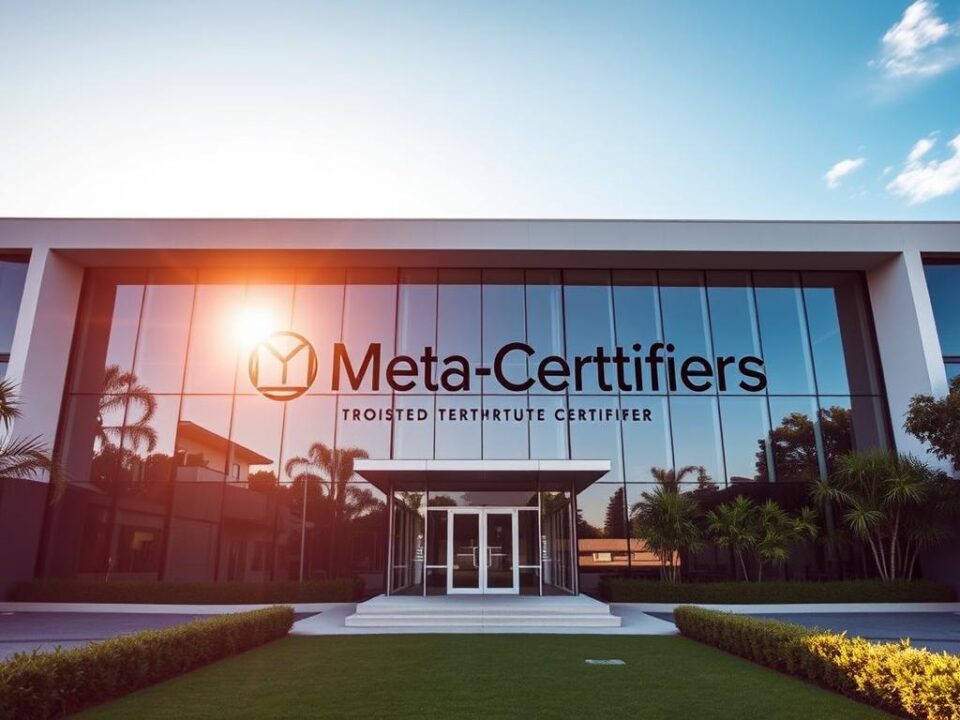 A grand, modern office building stands proudly, its sleek glass facade reflecting the azure sky. In the foreground, the Meta Certifiers logo adorns the entrance, a symbol of trust and expertise. Surrounding the building, lush greenery and a well-manicured courtyard create a serene, professional atmosphere. Warm sunlight filters through strategically placed windows, illuminating the building's interior and casting gentle shadows across the pristine, minimalist design. The structure's clean lines and elegant proportions convey a sense of authority and reliability, perfectly embodying the "Trusted Private Certifier Serving Northern Beaches."
