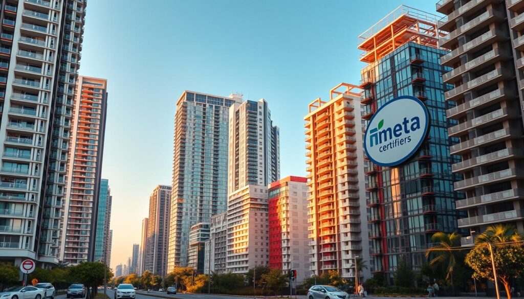 A modern cityscape with a variety of complying development projects, captured through the lens of a high-resolution camera with a wide-angle perspective. In the foreground, a brand new residential tower stands tall, emblazoned with the Meta Certifiers logo, signifying its adherence to regulatory standards. In the middle ground, an eco-friendly office complex boasts sleek, energy-efficient architecture, while in the background, a mixed-use development blends retail, commercial, and residential spaces seamlessly. The scene is bathed in warm, natural lighting, creating a sense of vibrancy and progress. The overall atmosphere conveys the idea of a thriving, well-planned urban environment where complying development projects are the norm.