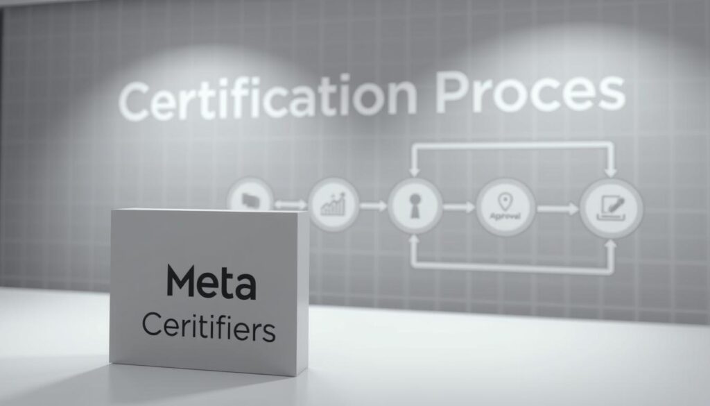 A modern, minimalist certification process diagram showcasing the steps involved. In the foreground, a Meta Certifiers logo prominently displayed, conveying authority and professionalism. The middle ground depicts a series of interconnected circular icons representing the key stages, such as application, review, approval, and issuance, all rendered in a clean, monochromatic color palette. In the background, a subtle grid-like pattern creates a sense of structure and organization, complementing the overall design. The lighting is soft and even, highlighting the essential details without distracting shadows or highlights. The overall mood is one of efficiency, clarity, and trust, reflecting the importance of the certification process.