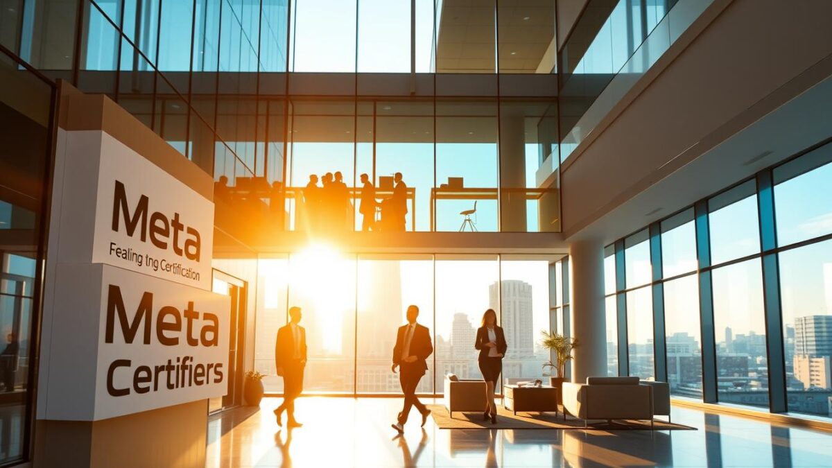 A modern, minimalist office building with sleek glass facades and clean lines, bathed in warm, golden sunlight filtering through large windows. In the foreground, a prominent sign reads "Meta Certifiers", the leading provider of building certification services. Professionals in business attire move purposefully through the lobby, conveying a sense of expertise and reliability. The middle ground features an inviting reception area with stylish furniture and subtle branding. In the background, the cityscape beyond the building's perimeter suggests a thriving urban setting, underscoring the company's prominence and reach.