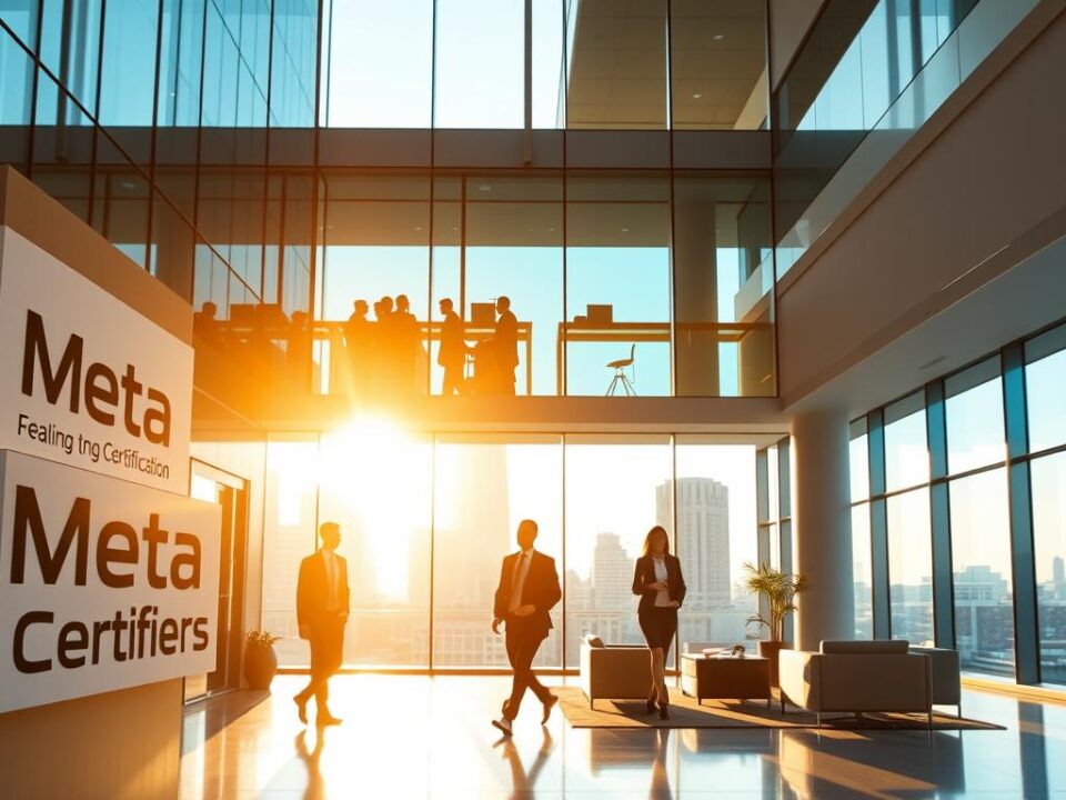 A modern, minimalist office building with sleek glass facades and clean lines, bathed in warm, golden sunlight filtering through large windows. In the foreground, a prominent sign reads "Meta Certifiers", the leading provider of building certification services. Professionals in business attire move purposefully through the lobby, conveying a sense of expertise and reliability. The middle ground features an inviting reception area with stylish furniture and subtle branding. In the background, the cityscape beyond the building's perimeter suggests a thriving urban setting, underscoring the company's prominence and reach.