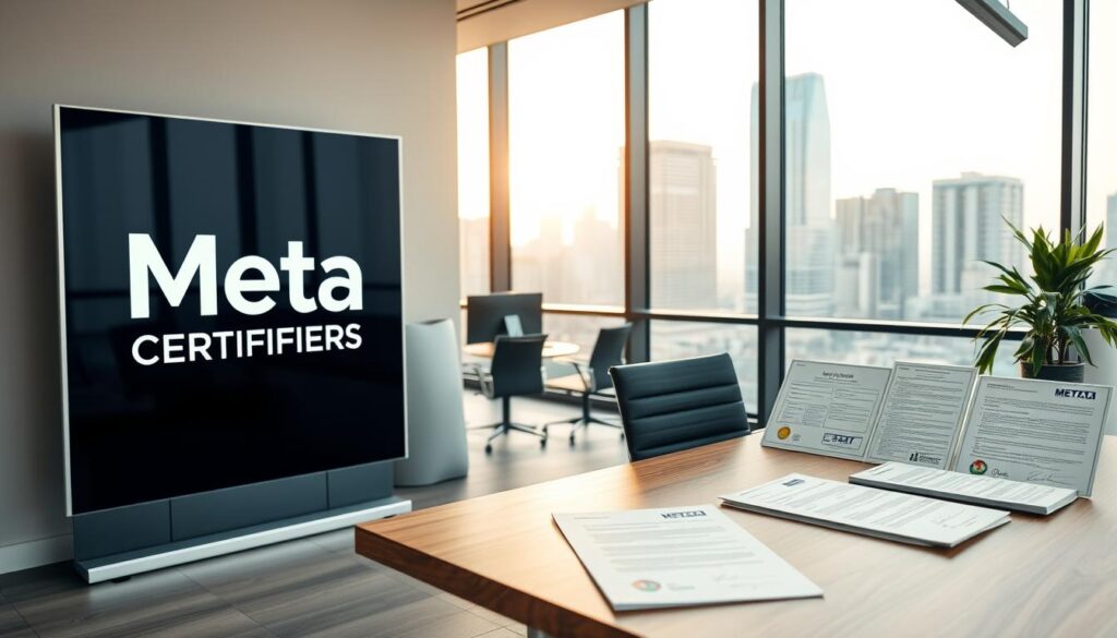 A modern office interior with clean lines and minimalist decor. The foreground features a prominent display featuring the brand name "Meta Certifiers Pty Ltd" against a sleek, minimalist background. The middle ground showcases various construction certificates and compliance documents neatly arranged on a stylish wooden desk, hinting at the services provided. The background has large windows overlooking a city skyline, suggesting a professional, urban setting. The lighting is warm and natural, creating a sense of productivity and efficiency. The overall atmosphere conveys a trustworthy, reliable, and client-focused brand identity.