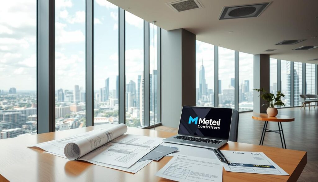A modern office interior with large floor-to-ceiling windows, showcasing the "National Construction Code compliance" as the central focus. The room is well-lit, with a mix of natural and artificial lighting. In the foreground, a large desk with a Meta Certifiers logo prominently displayed, symbolizing the importance of compliance certification. On the desk, an open laptop and various documents related to building codes and regulations. The middle ground features an architect's blueprint, neatly rolled and placed on a side table, indicating the planning and design process. In the background, a panoramic view of a bustling city skyline, emphasizing the broader context of urban development and the need for adherence to building standards. The overall atmosphere conveys a sense of professionalism, attention to detail, and the critical role of compliance in the construction industry.