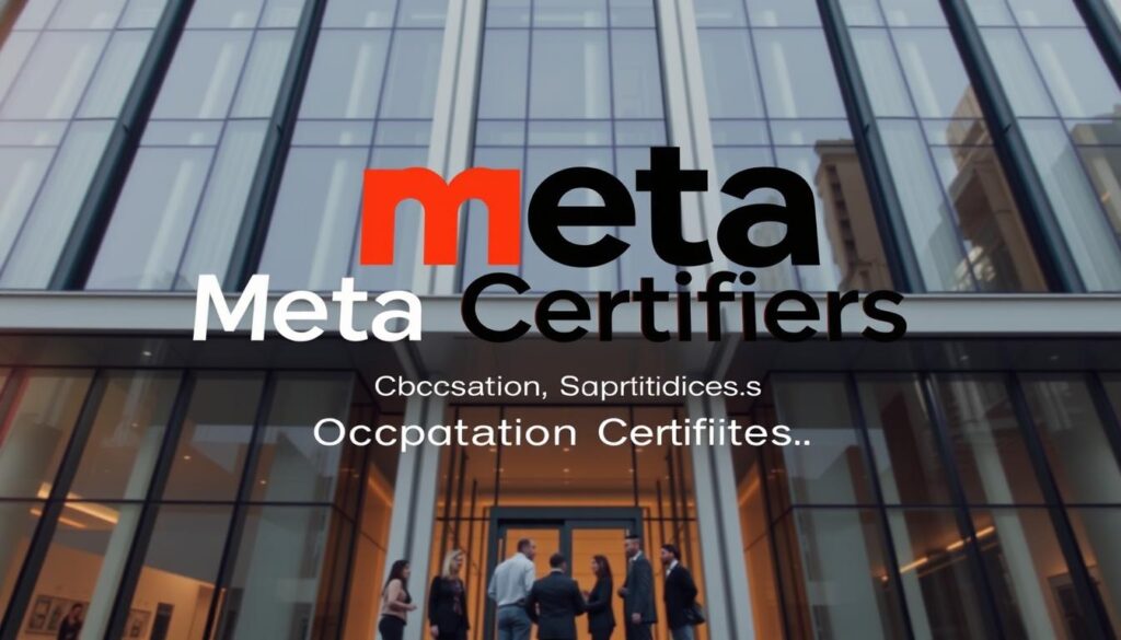 A modern, professional office building with clean lines and sleek glass facades. In the foreground, a group of individuals in business attire stand before the building's entrance, engaged in a conversation. Overhead, the bold, striking logo of "Meta Certifiers" is prominently displayed, conveying a sense of authority and expertise. The lighting is warm and inviting, bathing the scene in a soft, natural glow. The angle of the shot emphasizes the towering scale of the structure, projecting a sense of stability and reliability. This image captures the final step in the building journey, where the "Occupation Certificates" signify the successful completion of a construction project, certified by the trusted professionals of Meta Certifiers.