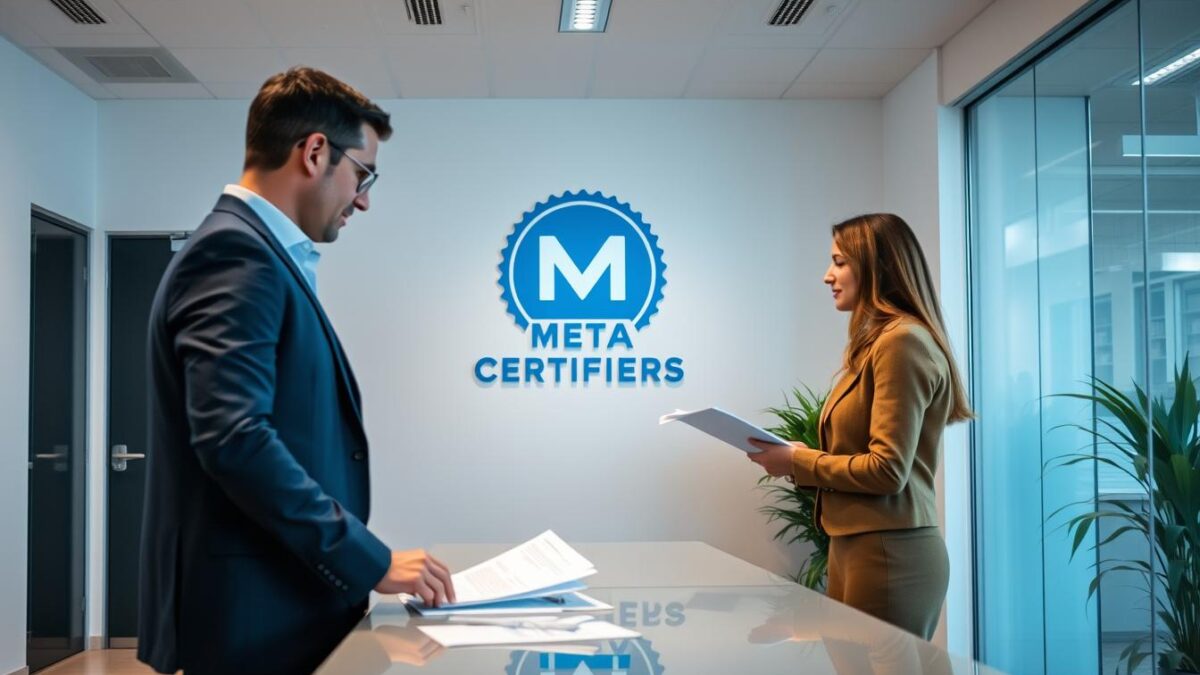 A modern, well-lit office interior with a focal point on a professional standing at a desk, reviewing paperwork and interacting with a client. In the background, a Meta Certifiers logo is prominently displayed on the wall, indicating the official certification process. The mood is one of efficiency and compliance, with subtle hints of transparency and trust. The lighting is natural, with soft shadows and highlights, creating a sense of warmth and professionalism. The angle is slightly elevated, providing a comprehensive view of the scene.