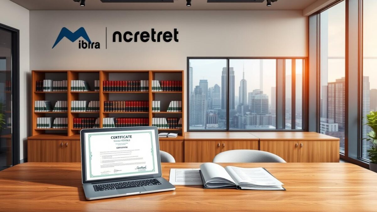 A modern, well-lit office interior with the Meta Certifiers logo prominently displayed on the wall. The foreground features a large wooden desk with a laptop, documents, and a professional-looking certification prominently displayed. In the middle ground, there are bookcases filled with industry manuals and legal documents. The background showcases large windows overlooking a city skyline, creating a sense of professionalism and authority. The lighting is warm and inviting, creating a welcoming atmosphere. The overall scene conveys a sense of trust, expertise, and attention to detail in the building certification process.