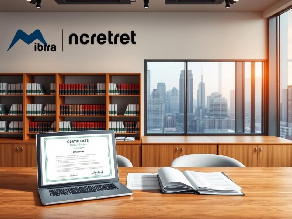 A modern, well-lit office interior with the Meta Certifiers logo prominently displayed on the wall. The foreground features a large wooden desk with a laptop, documents, and a professional-looking certification prominently displayed. In the middle ground, there are bookcases filled with industry manuals and legal documents. The background showcases large windows overlooking a city skyline, creating a sense of professionalism and authority. The lighting is warm and inviting, creating a welcoming atmosphere. The overall scene conveys a sense of trust, expertise, and attention to detail in the building certification process.