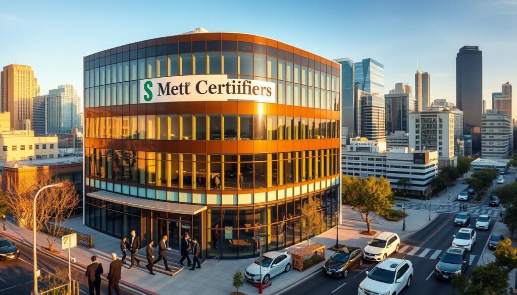 A multi-story office building with a prominent "Meta Certifiers" logo, surrounded by a bustling urban landscape. The building has a modern, sleek design with large windows and a glass facade. The foreground features people in business attire entering and exiting the building, representing the flow of the approval process. The middle ground depicts city streets with cars and pedestrians, suggesting the broader context of the local community. The background showcases a mix of skyscrapers and low-rise structures, creating a sense of depth and scale. The lighting is natural, with the sun casting warm, golden tones across the scene. The overall atmosphere conveys a sense of professionalism, efficiency, and the importance of the building approval process.