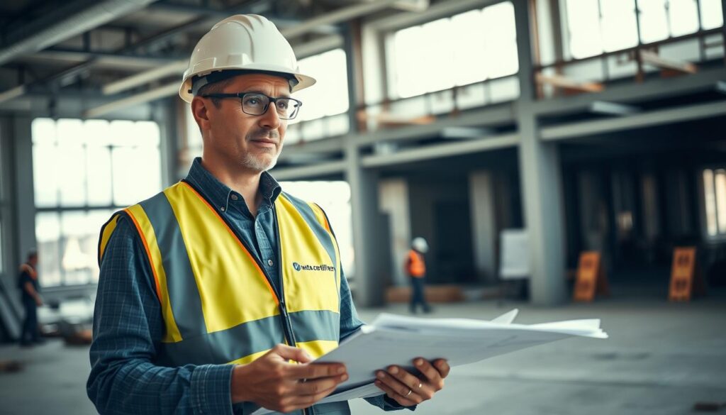 A professional building certifier inspecting a commercial structure, wearing a hard hat and safety vest, examining construction plans and taking notes. The scene is set in a partially completed office building, with workers in the background and natural light streaming through the windows. The certifier's expression conveys a sense of focus and attention to detail. The image has a muted color palette, emphasizing the industrial setting. The Meta Certifiers logo is prominently displayed on the certifier's vest, indicating their professional credentials. A professional building certifier inspecting a commercial structure, wearing a hard hat and safety vest, examining construction plans and taking notes. The scene is set in a partially completed office building, with workers in the background and natural light streaming through the windows. The certifier's expression conveys a sense of focus and attention to detail. The image has a muted color palette, emphasizing the industrial setting. The Meta Certifiers logo is prominently displayed on the certifier's vest, indicating their professional credentials.