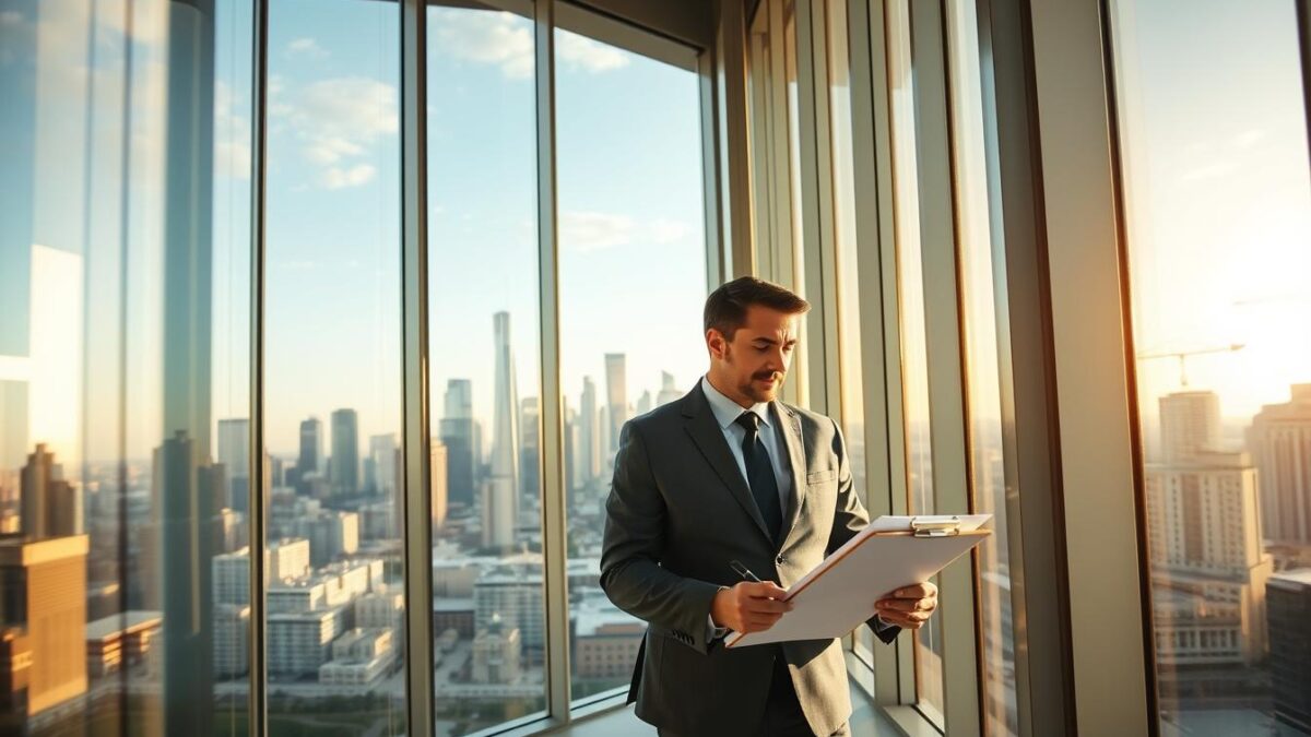 A professional certifier in a crisp suit inspects the interior of a modern high-rise building with floor-to-ceiling windows, bathed in warm afternoon light. The certifier holds a clipboard and appears engrossed in their work, ensuring compliance with Meta Certifiers' rigorous building standards. In the background, a skyline of skyscrapers and cranes hints at the bustling development in New South Wales. The scene conveys a sense of diligence, attention to detail, and the certifier's vital role in maintaining safety and quality in the built environment.