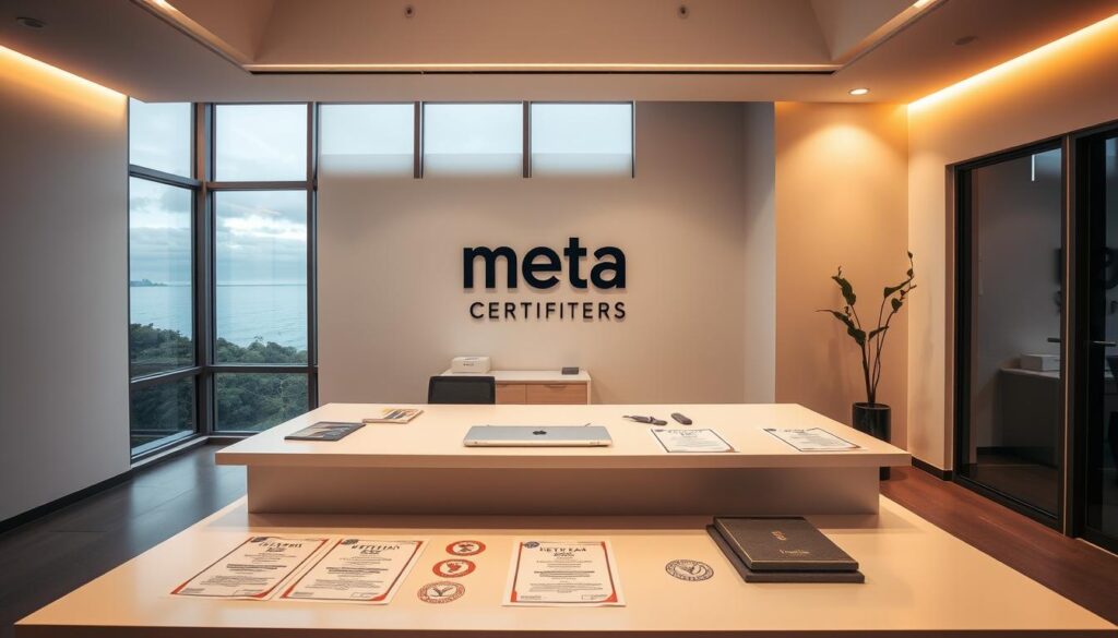 A sleek, minimalist office interior with a large desk featuring the Meta Certifiers logo prominently displayed. Behind the desk, a floor-to-ceiling window offers a panoramic view of the Northern Beaches landscape. Warm, soft lighting illuminates the space, creating a professional and inviting atmosphere. On the desk, various certification documents, stamps, and seals are neatly arranged, conveying the comprehensive nature of the services offered. The room is decorated with subtle, modern accents that reinforce the brand's commitment to trust and reliability.