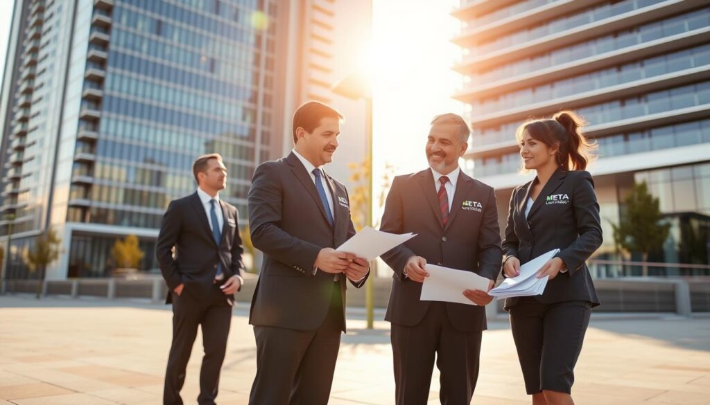 A team of professional building certifiers in formal attire, standing in front of a modern high-rise building with clean glass facades, under a bright and warm afternoon sun. The certifiers are intently examining documents and conversing, showcasing their expertise and diligence. The scene conveys a sense of authority and responsibility, with the "Meta Certifiers" logo prominently displayed on their uniforms. The image captures the essential role these specialists play in ensuring the safety and quality of structures, as per the "Understanding the Role of Building Certifiers in Australia" section.