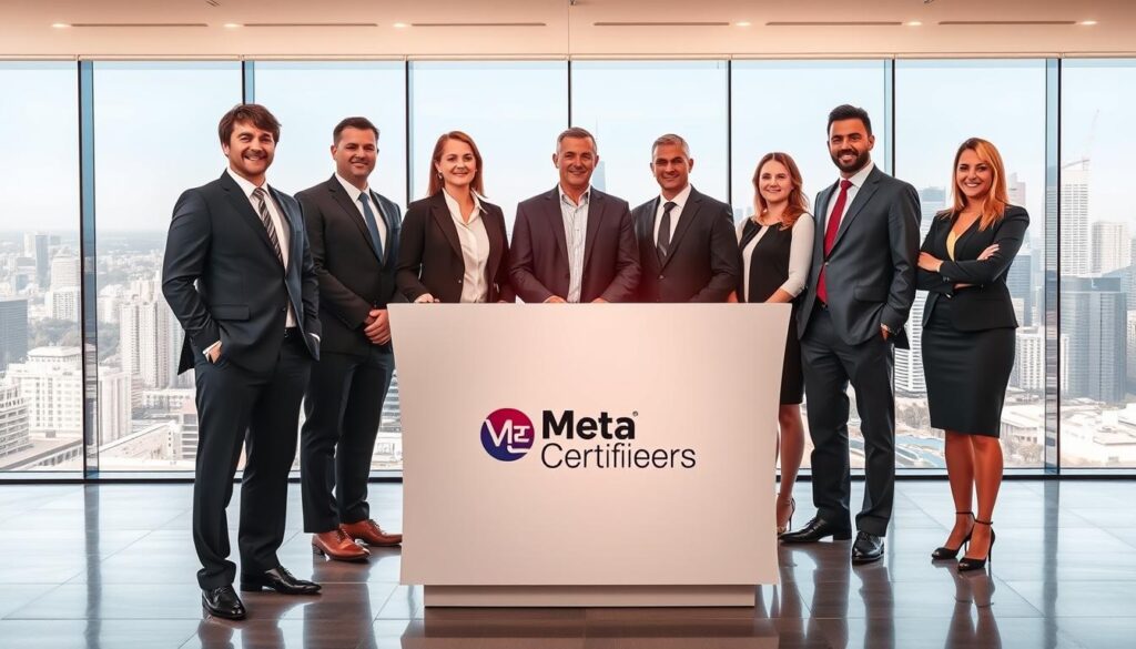 Accredited certifiers in Australia, standing tall in a modern office setting. The foreground features a group of professionals in business attire, faces filled with confidence and determination. In the middle ground, a sleek, minimalist desk with the "Meta Certifiers" logo prominently displayed. The background showcases a panoramic view of the bustling city skyline, bathed in warm, natural lighting that casts a welcoming glow. The scene conveys a sense of authority, expertise, and a commitment to ensuring the highest standards of certification in the Australian market.
