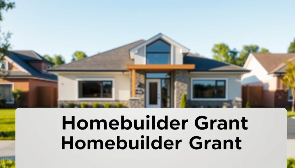 An modern, clean architectural rendering of a newly constructed single-family home, with a prominent "HomeBuilder Grant" sign in the foreground. The home is set against a backdrop of a suburban neighborhood, with lush greenery and a clear blue sky. The lighting is natural and warm, creating a welcoming atmosphere. The camera angle is slightly elevated, providing a clear view of the home's front facade, which features a mix of modern materials like glass, stone, and wood. The "Meta Certifiers" logo is discreetly displayed on the sign. The overall composition emphasizes the idea of a government-backed homebuilding program, designed to support prospective homeowners.