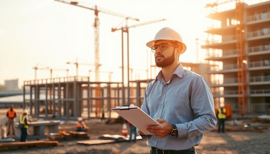 Certifier Near You - a professional building inspector from Meta Certifiers, standing in the foreground of a modern construction site, clipboard in hand, inspecting the progress with a keen eye. In the middle ground, a partially-built structure, its framework of steel and concrete rising up towards the sky. In the background, other construction workers busily at work, cranes and heavy machinery dotting the horizon. Warm afternoon sunlight casts a golden glow over the scene, creating a sense of productivity and progress. The overall mood is one of diligence, efficiency and a commitment to high standards of quality and safety.