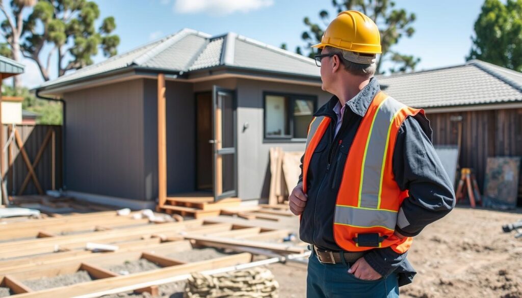Image of a granny flat under construction with a certifier inspecting the site